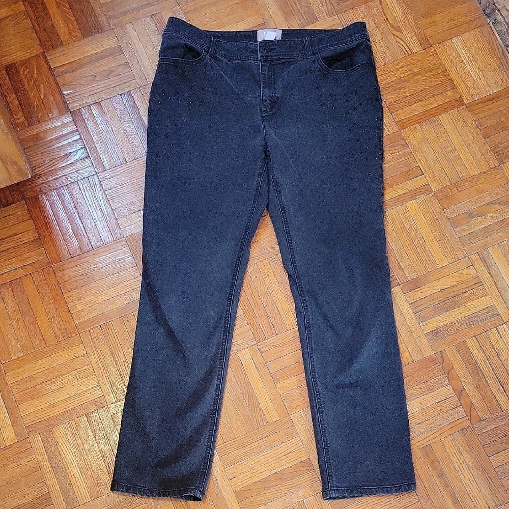 Chico's Straight Leg Stretch Washed Black Denim Jeans Rhinestones Size 2 Large